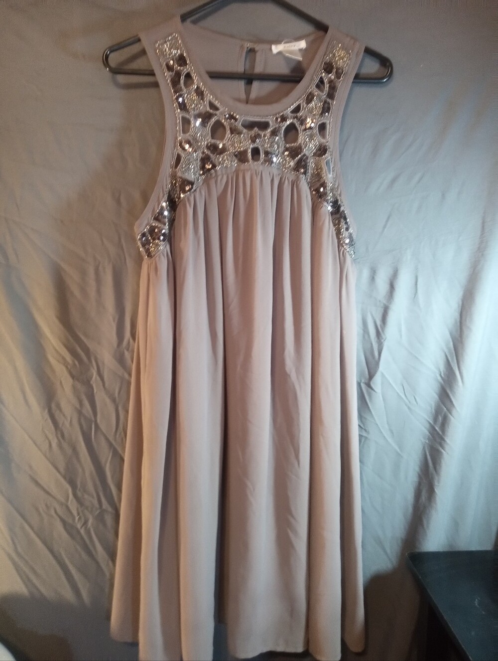 Esley Embellished Sleeveless A-Line Dress in Taupe